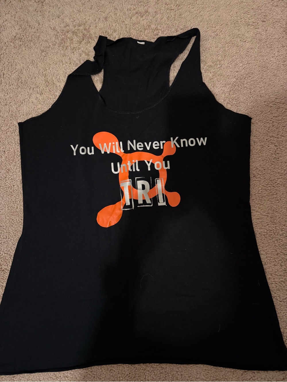 Black Graphic Racerback Tank Top with Orange Print